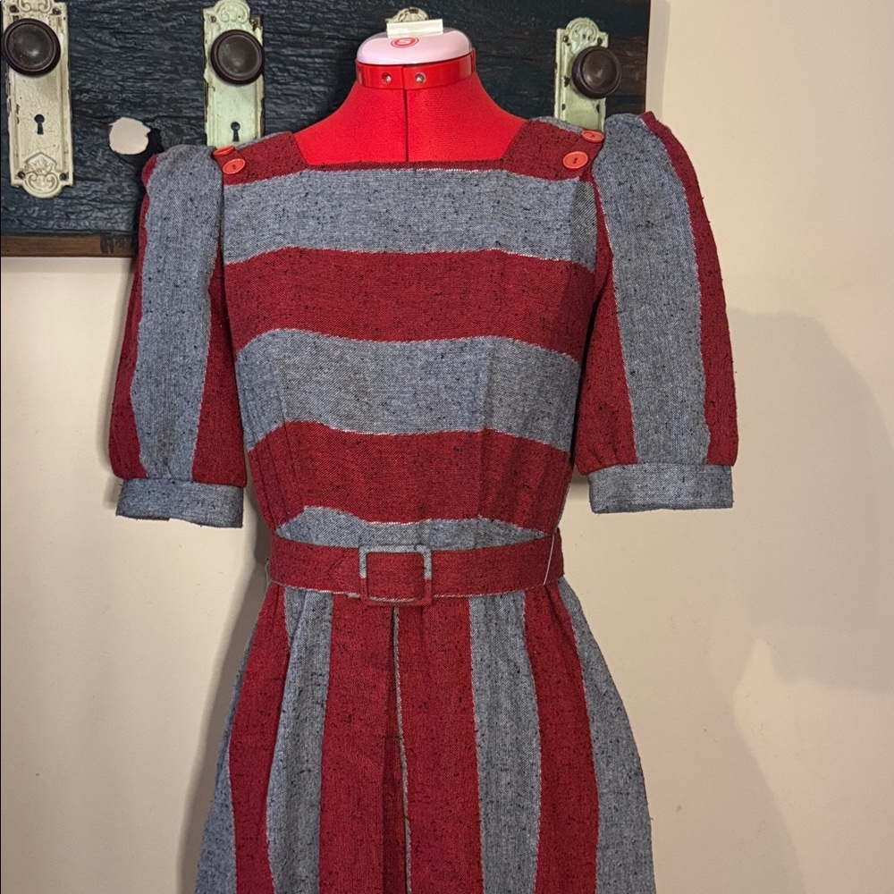 Vintage Jolibel Red and Grey Striped Pleated Dress - Picture 5 of 16